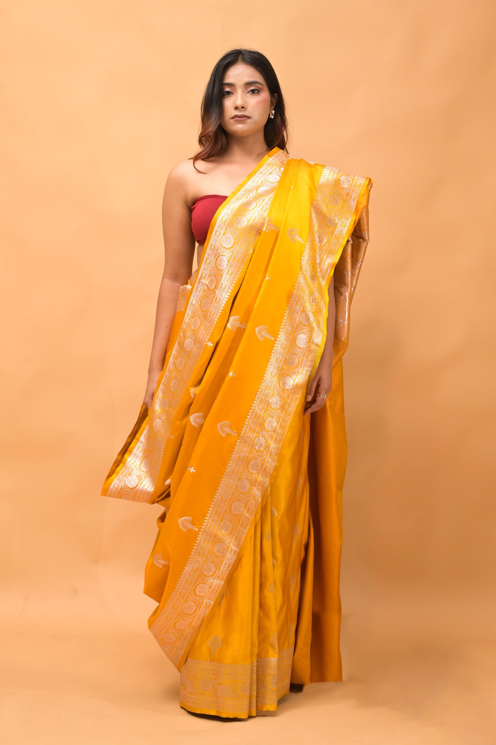 Musturd Yellow Mashroom Buta Silk Banarasi katan Saree